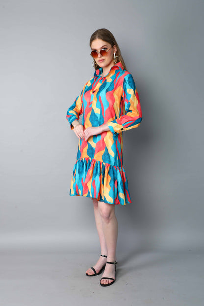 Multicolor Abstract Print Shirt Dress with Ruffle Hem
