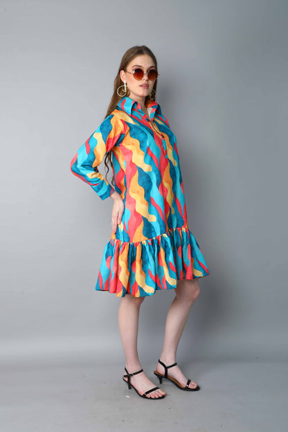 Multicolor Abstract Print Shirt Dress with Ruffle Hem