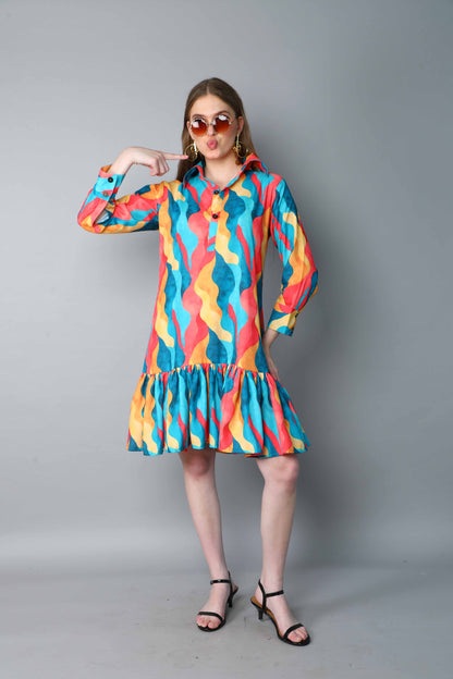 Multicolor Abstract Print Shirt Dress with Ruffle Hem