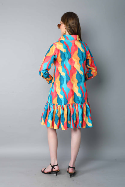 Multicolor Abstract Print Shirt Dress with Ruffle Hem