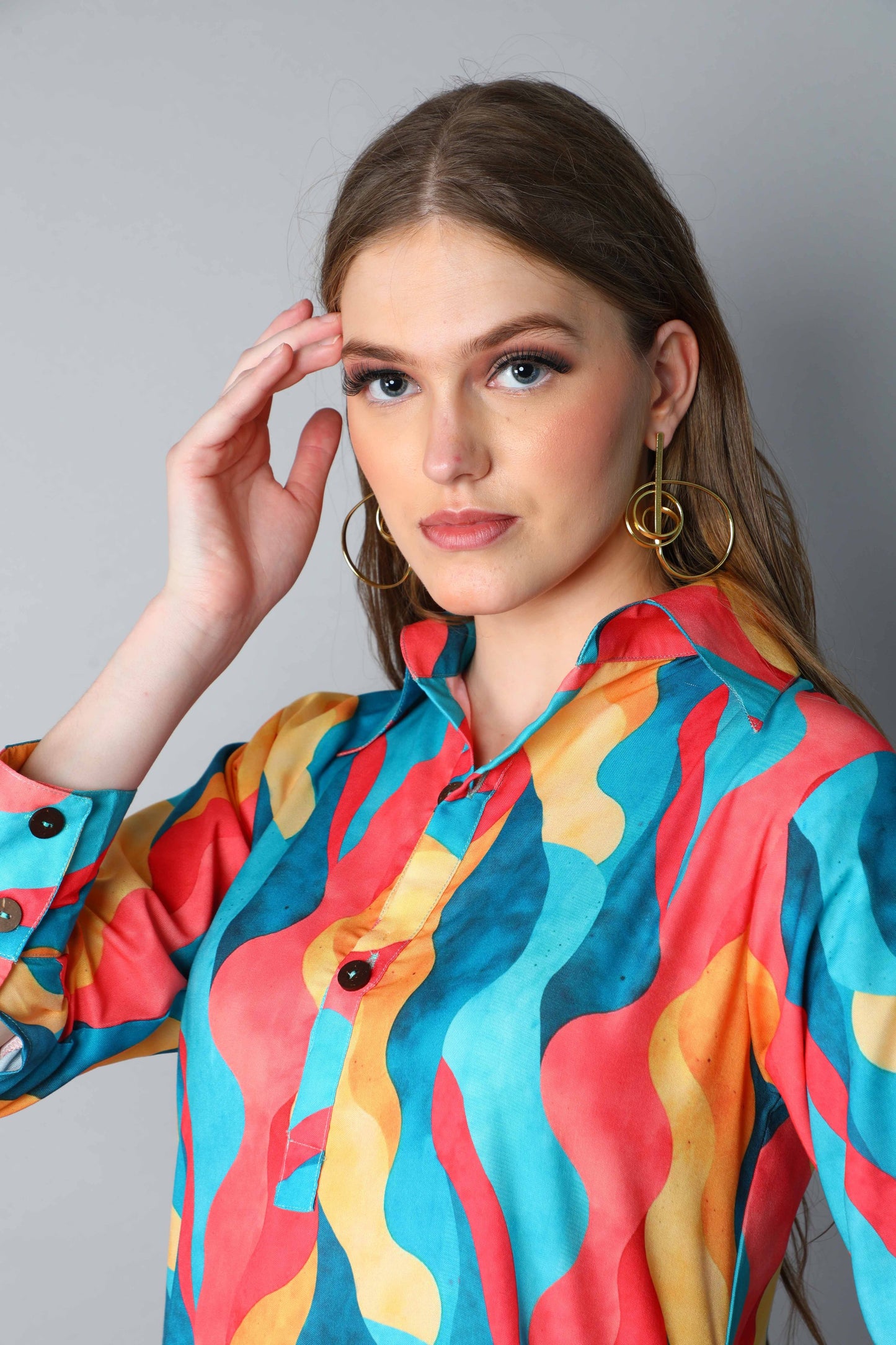 Multicolor Abstract Print Shirt Dress with Ruffle Hem