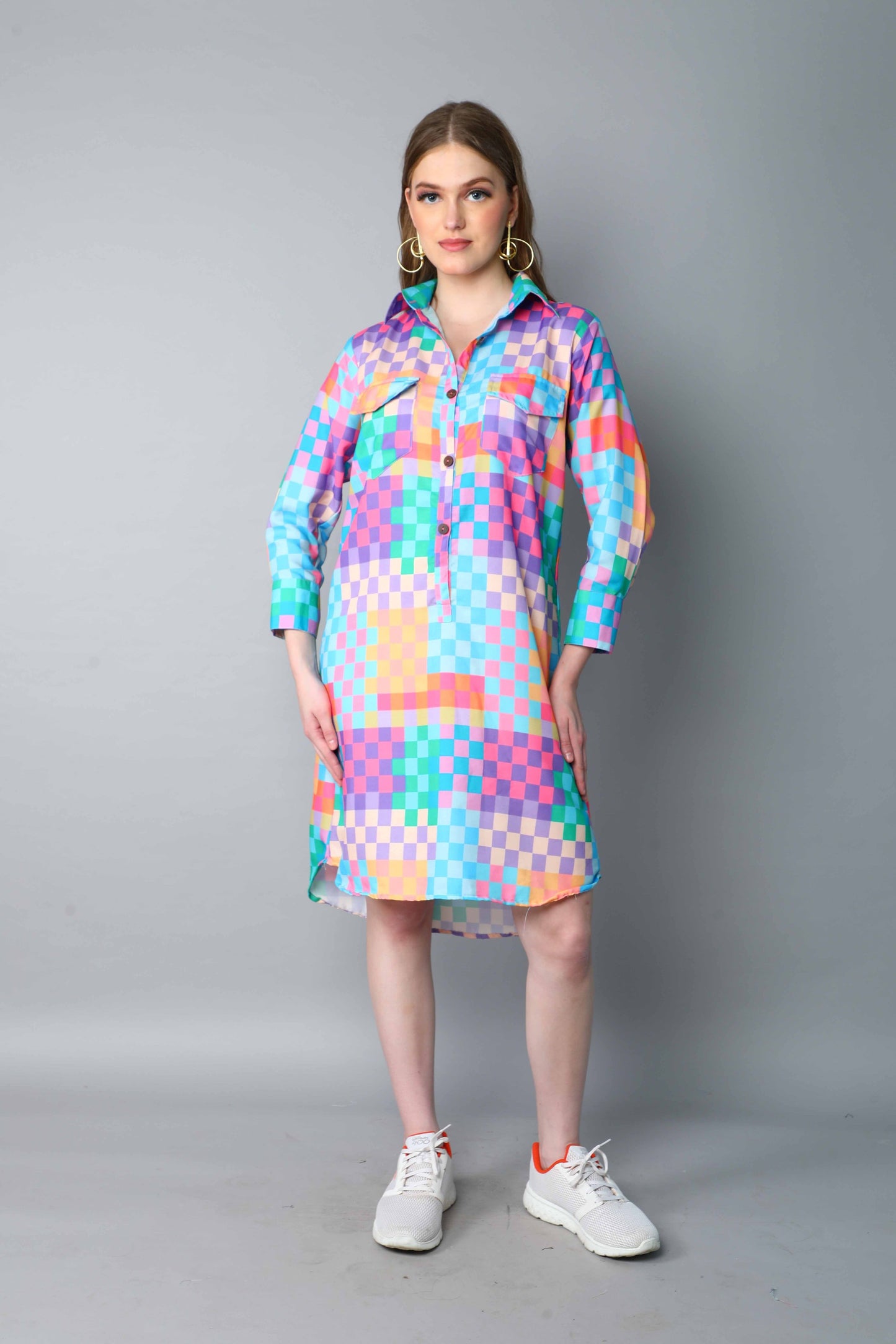 Multicolor Checkered Shirt Dress – Relaxed Fit with Front Buttons