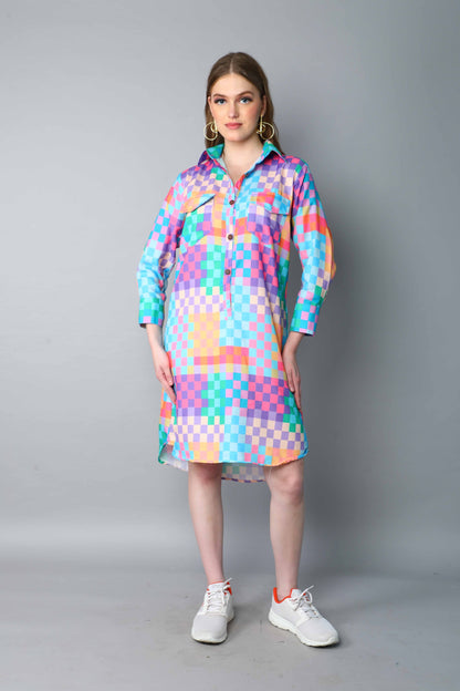 Multicolor Checkered Shirt Dress – Relaxed Fit with Front Buttons