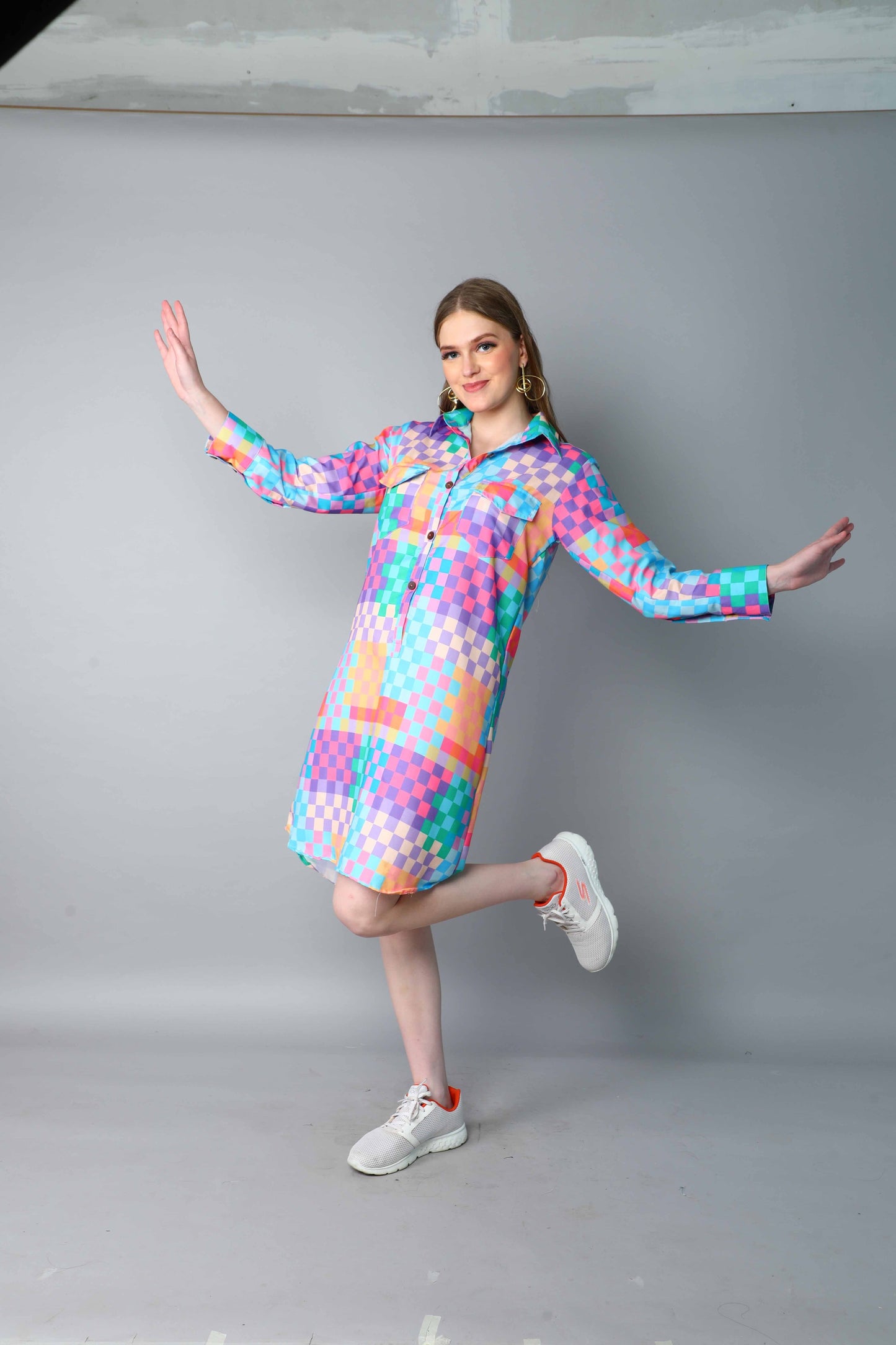 Multicolor Checkered Shirt Dress – Relaxed Fit with Front Buttons