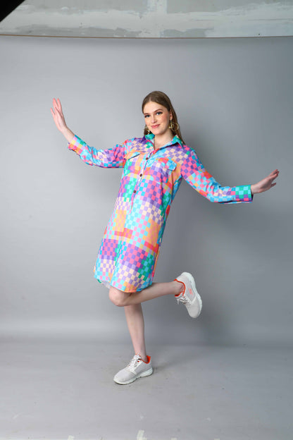 Multicolor Checkered Shirt Dress – Relaxed Fit with Front Buttons