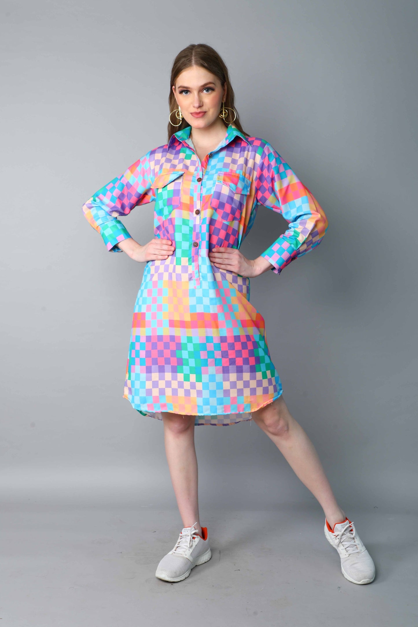 Multicolor Checkered Shirt Dress – Relaxed Fit with Front Buttons