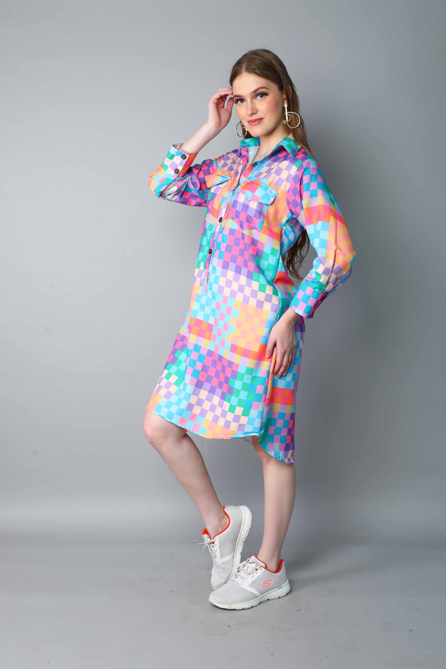 Multicolor Checkered Shirt Dress – Relaxed Fit with Front Buttons