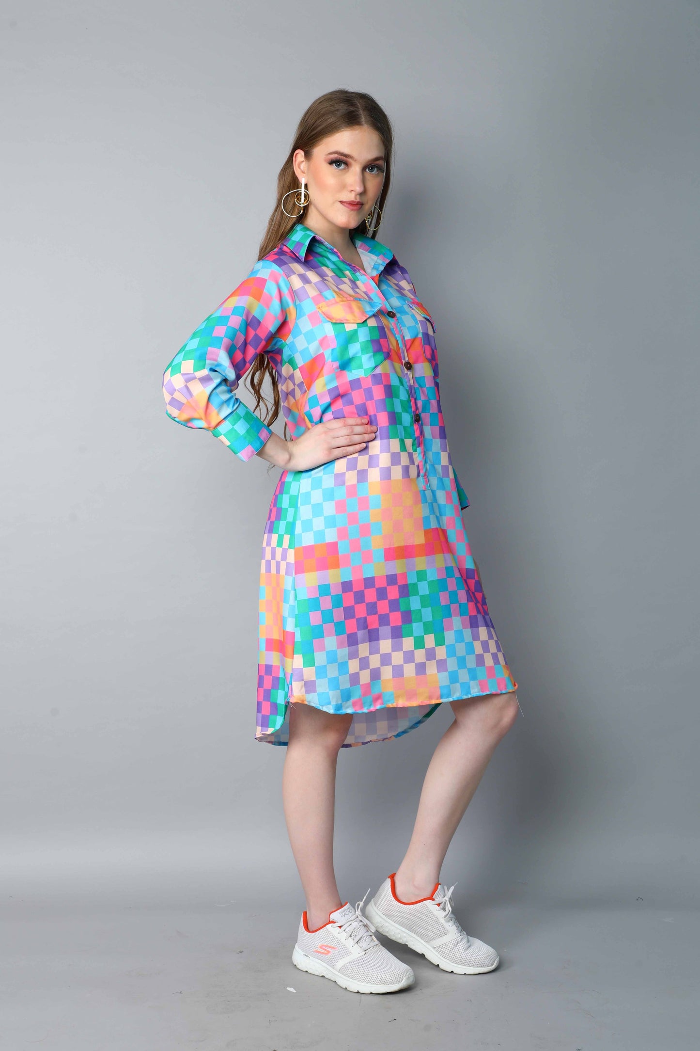 Multicolor Checkered Shirt Dress – Relaxed Fit with Front Buttons
