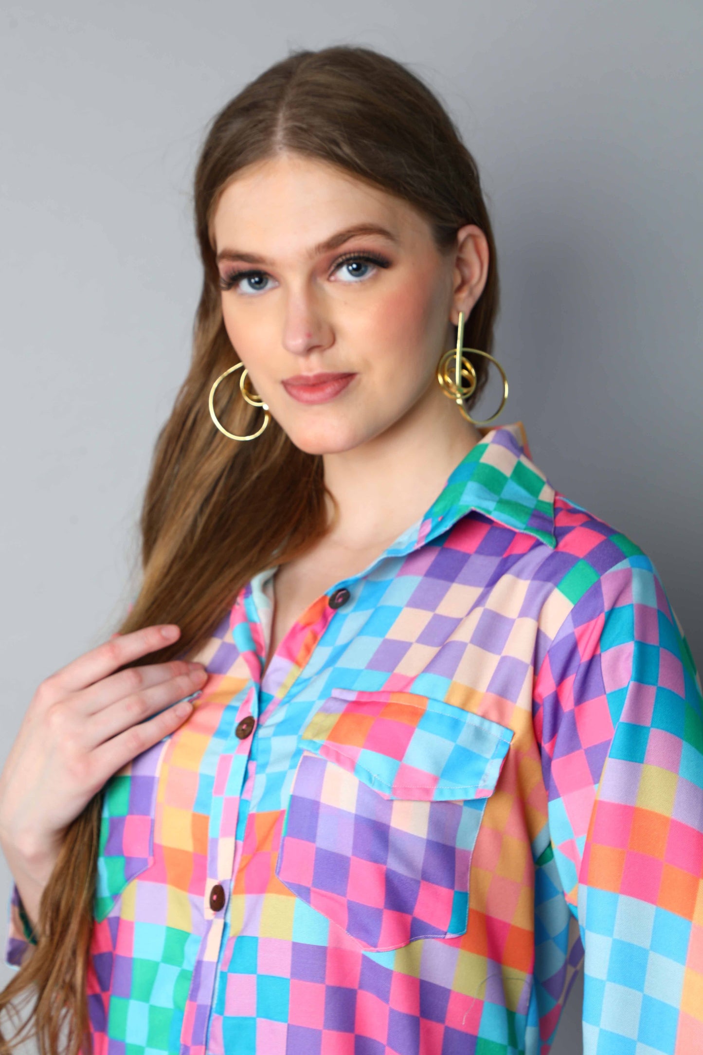 Multicolor Checkered Shirt Dress – Relaxed Fit with Front Buttons