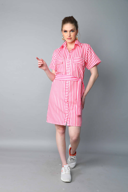 Sway In Stripes Shirt Dress -Pink
