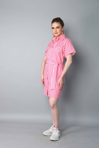 Sway In Stripes Shirt Dress -Pink