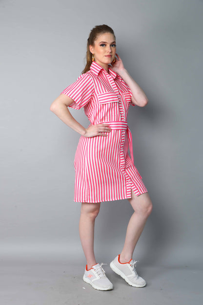 Sway In Stripes Shirt Dress -Pink