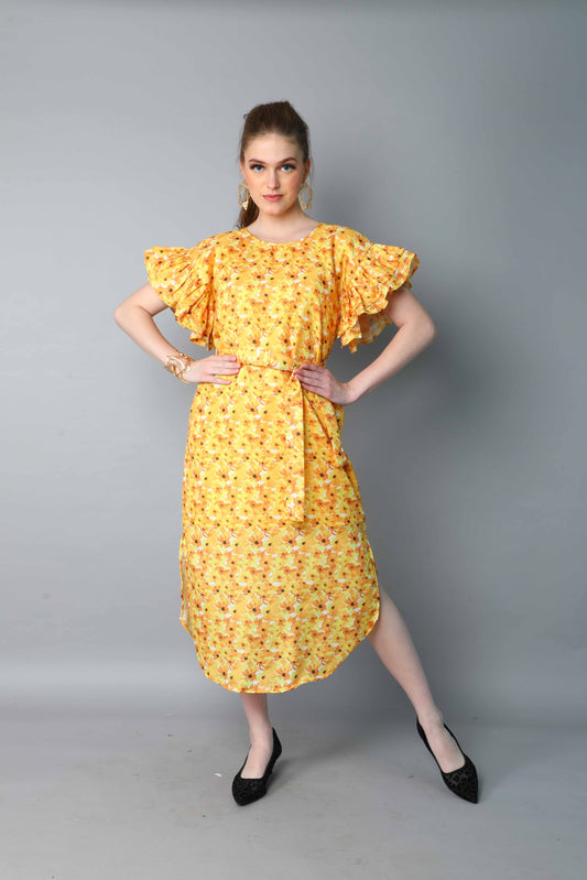 Double-Layered Pleated Ruffle Sleeve Floral  Dress-Yellow