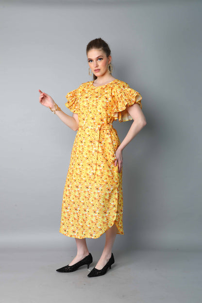 Double-Layered Pleated Ruffle Sleeve Floral  Dress-Yellow