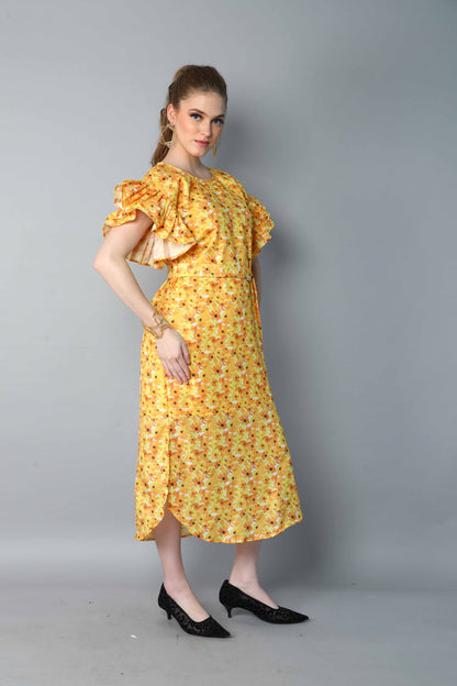 Double-Layered Pleated Ruffle Sleeve Floral  Dress-Yellow