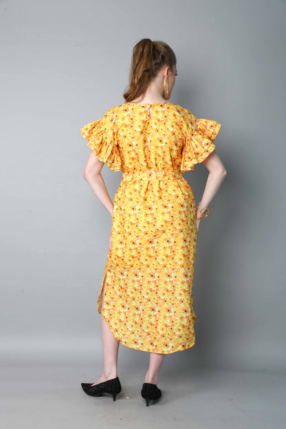 Double-Layered Pleated Ruffle Sleeve Floral  Dress-Yellow