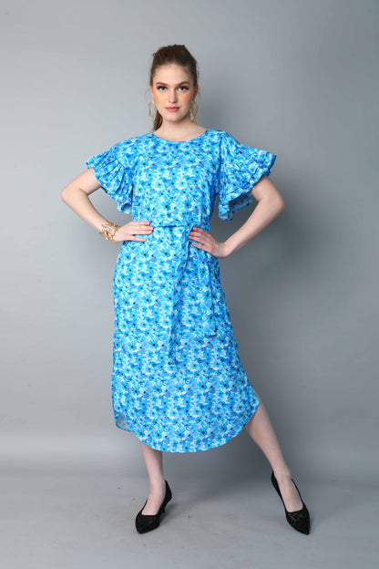Double-Layered Pleated Ruffle Sleeve Floral  Dress-Blue