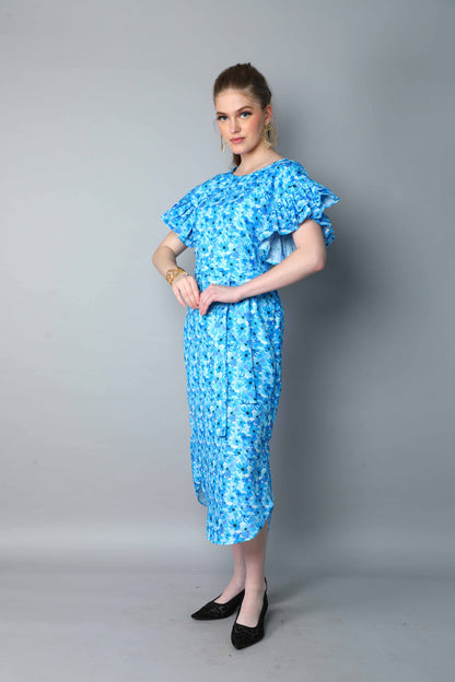 Double-Layered Pleated Ruffle Sleeve Floral  Dress-Blue