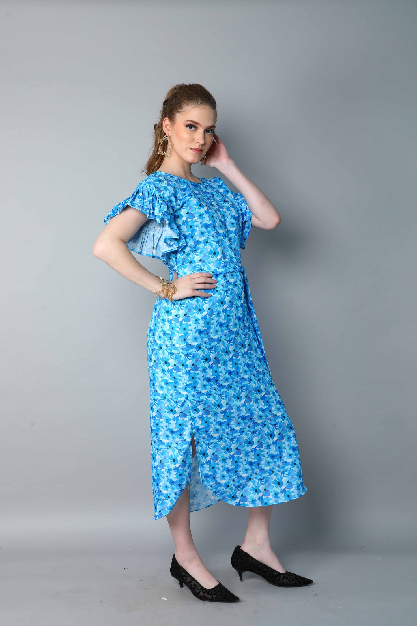 Double-Layered Pleated Ruffle Sleeve Floral  Dress-Blue