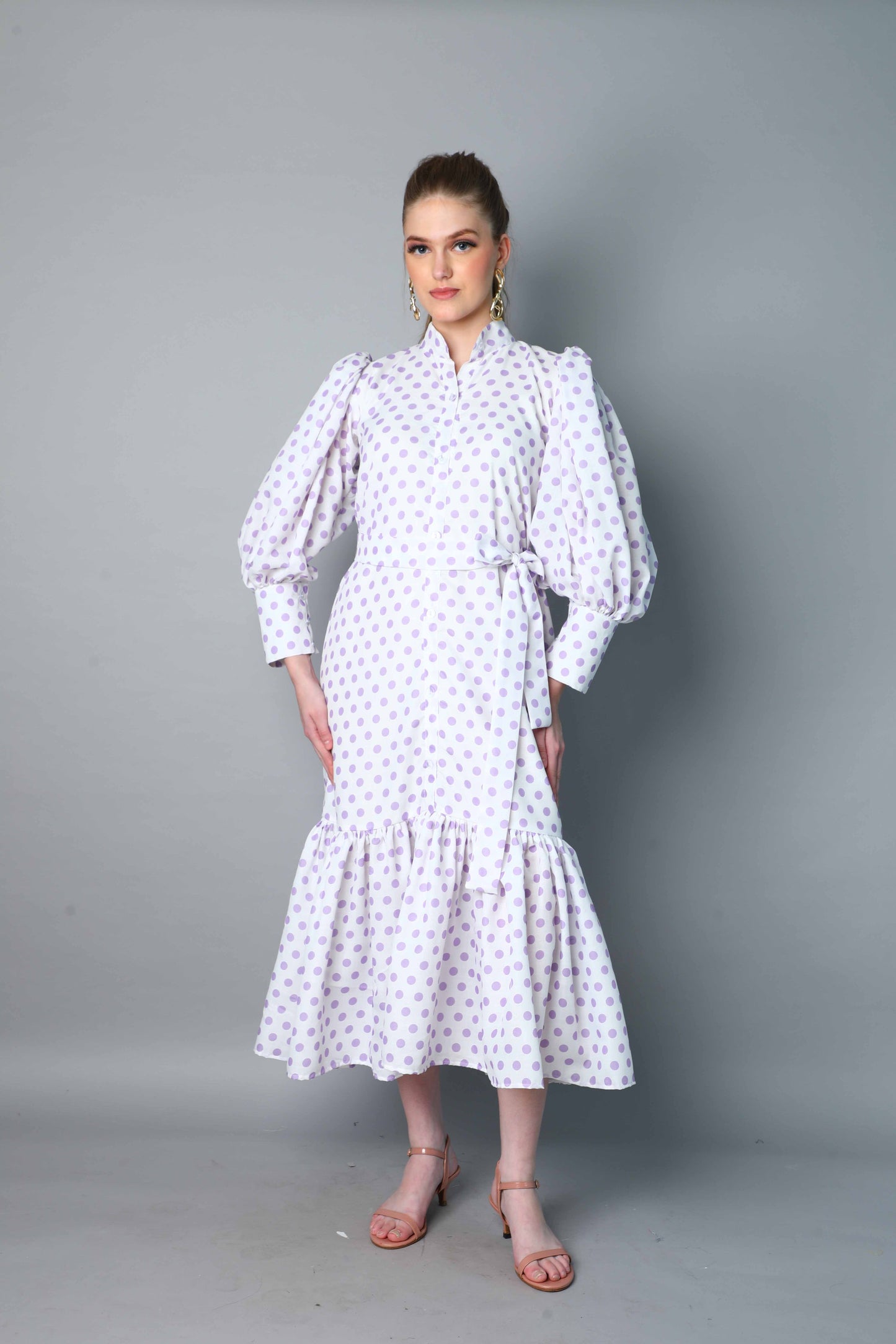 Lilac Polkadot Puff Sleeve Belted Midi Dress
