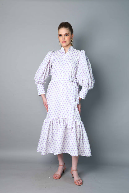 Lilac Polkadot Puff Sleeve Belted Midi Dress