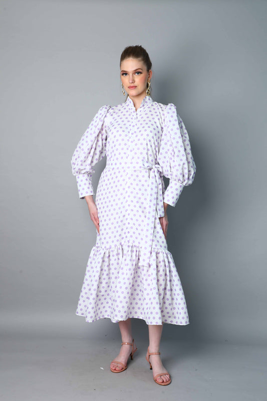 Lilac Polkadot Puff Sleeve Belted Midi Dress