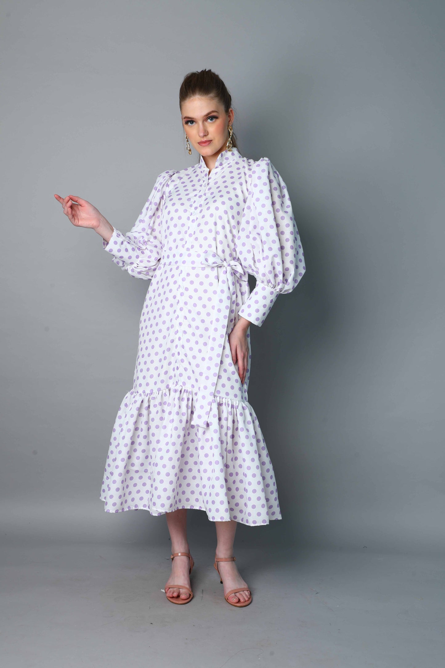 Lilac Polkadot Puff Sleeve Belted Midi Dress