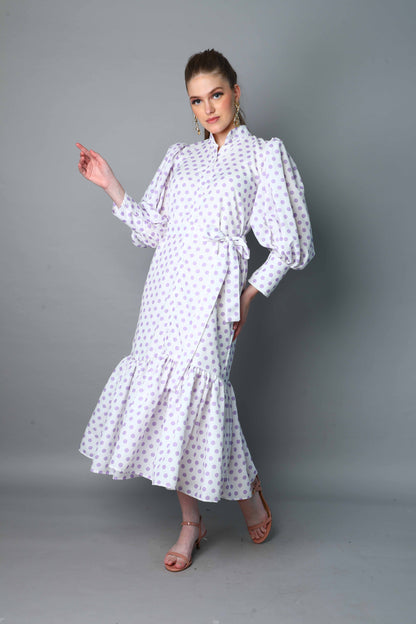 Lilac Polkadot Puff Sleeve Belted Midi Dress