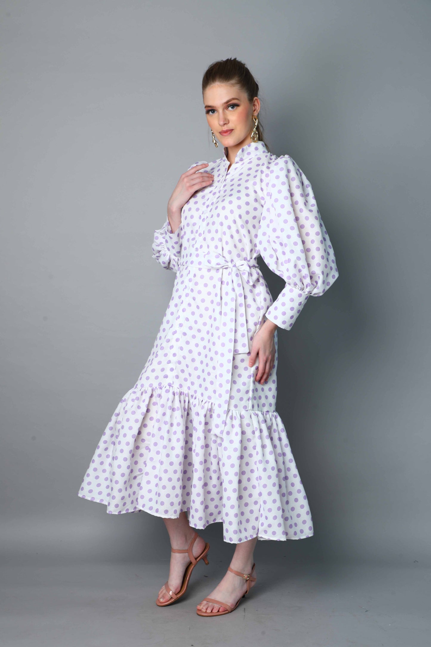 Lilac Polkadot Puff Sleeve Belted Midi Dress