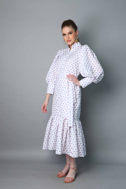 Lilac Polkadot Puff Sleeve Belted Midi Dress