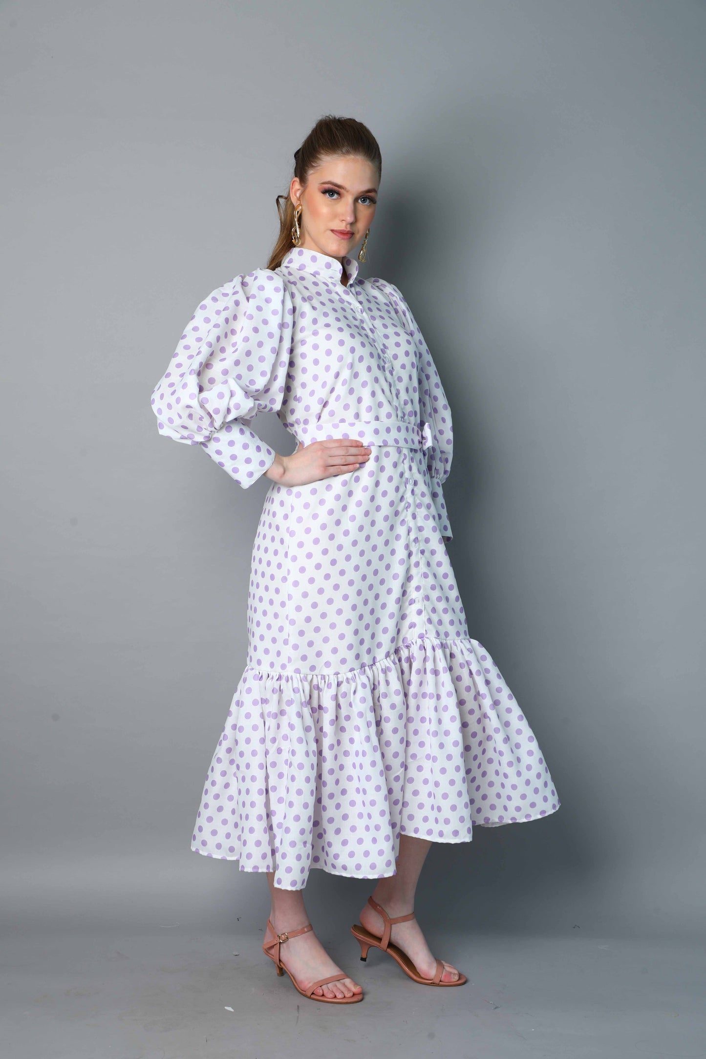 Lilac Polkadot Puff Sleeve Belted Midi Dress