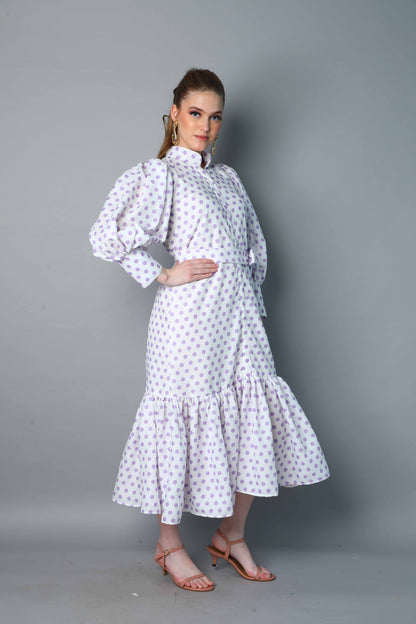 Lilac Polkadot Puff Sleeve Belted Midi Dress