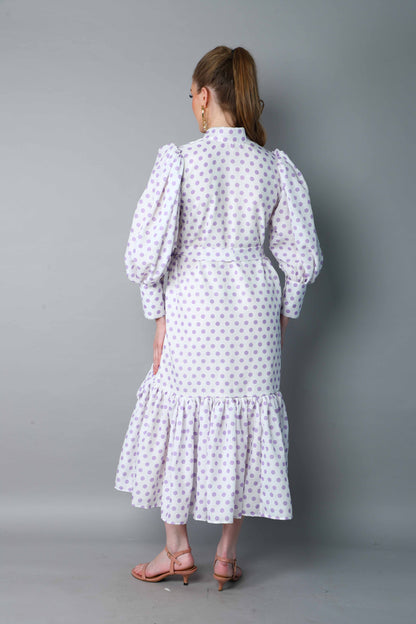 Lilac Polkadot Puff Sleeve Belted Midi Dress