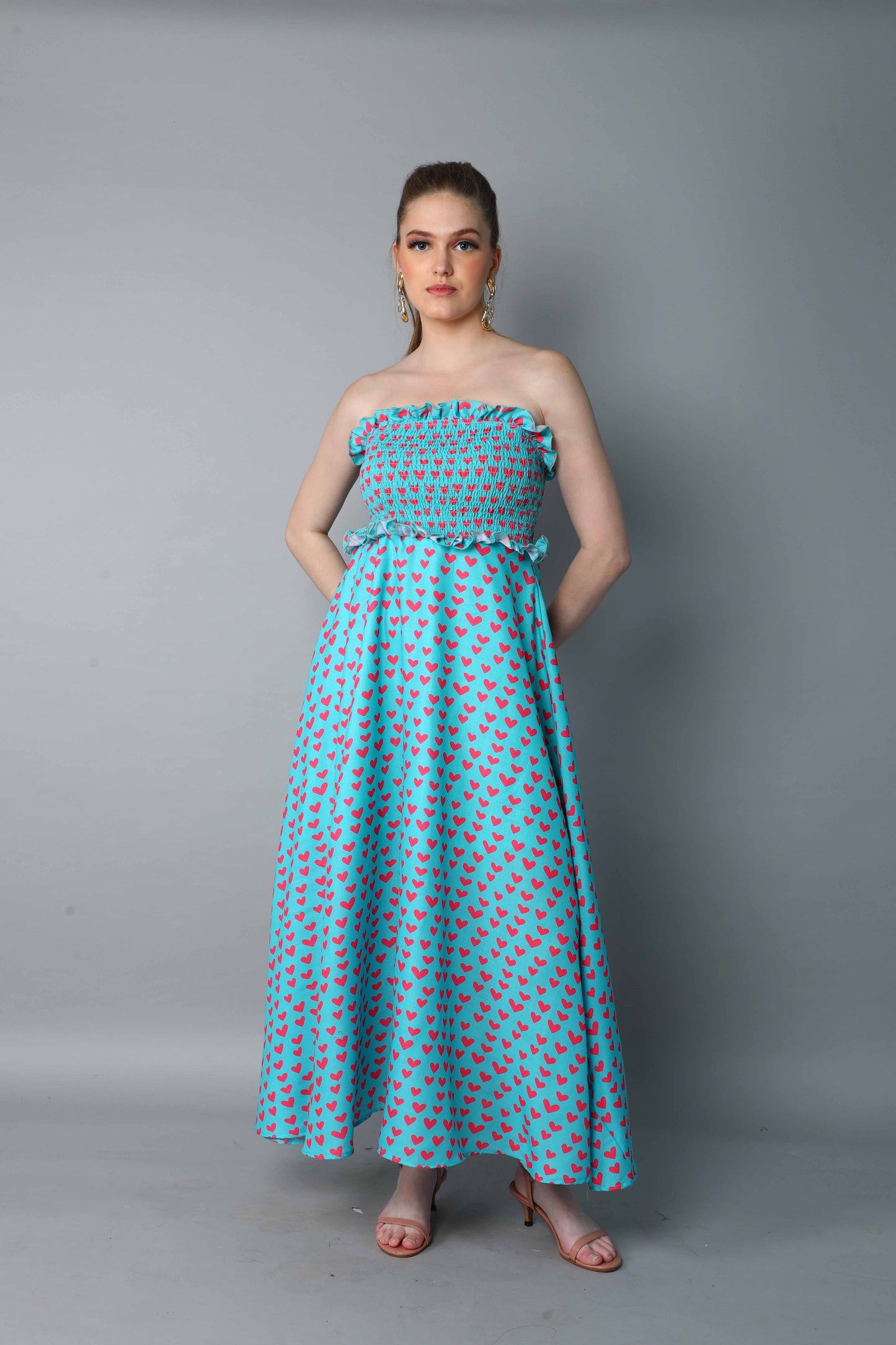 Strapless Smocked Maxi Dress – Aqua Blue with Heart Print