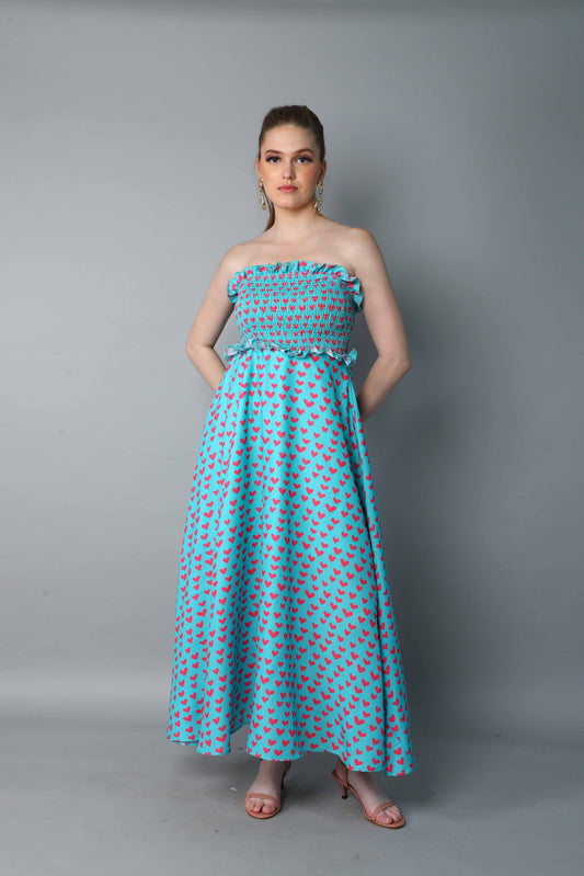 Strapless Smocked Maxi Dress – Aqua Blue with Heart Print