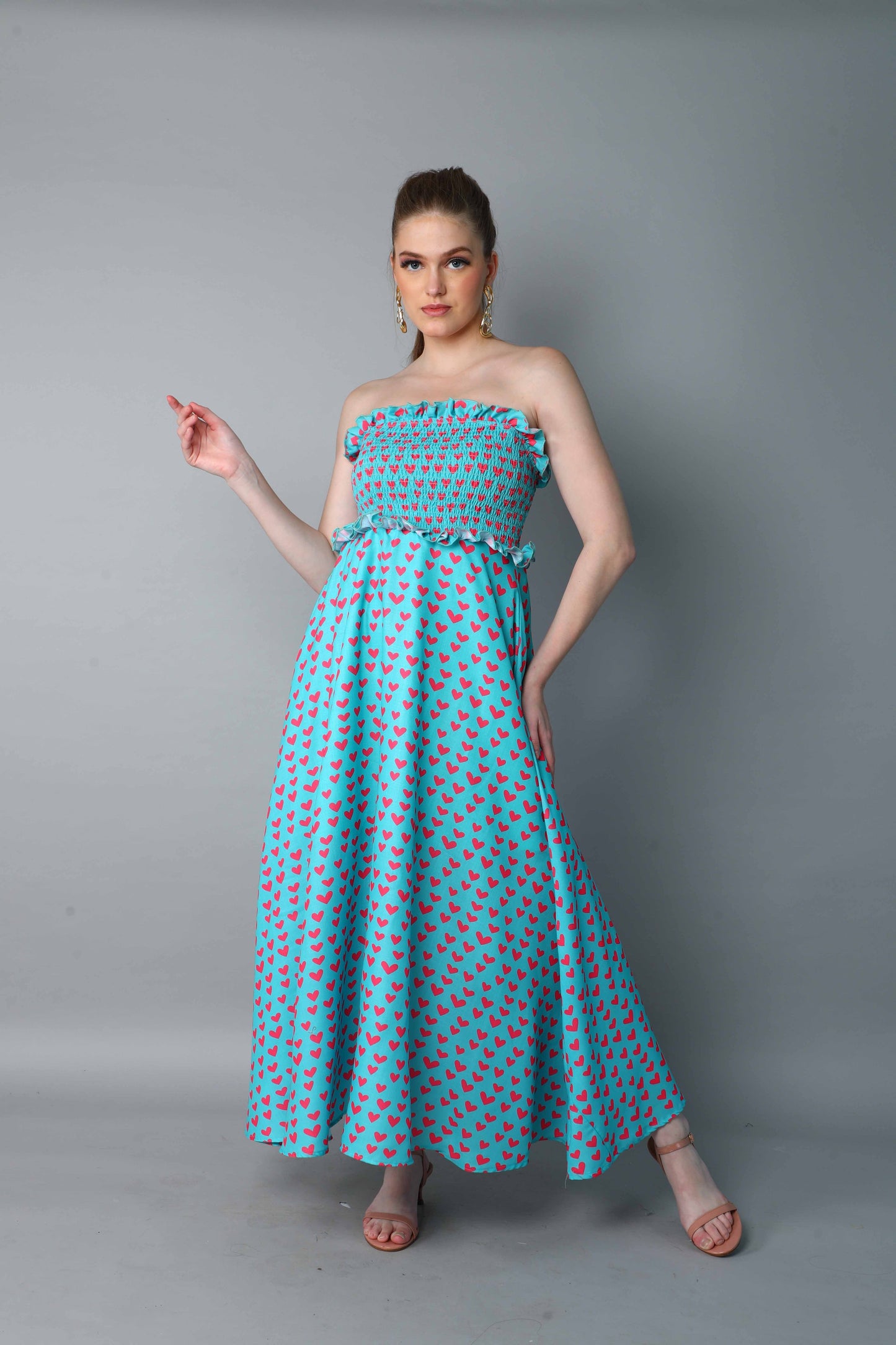 Strapless Smocked Maxi Dress – Aqua Blue with Heart Print