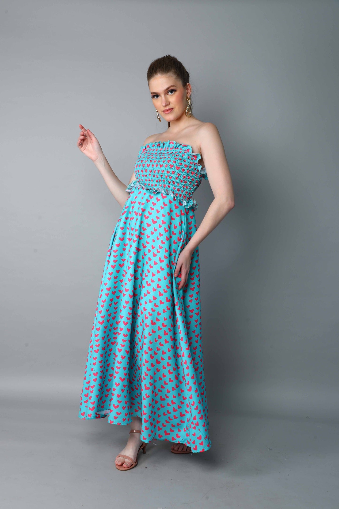 Strapless Smocked Maxi Dress – Aqua Blue with Heart Print