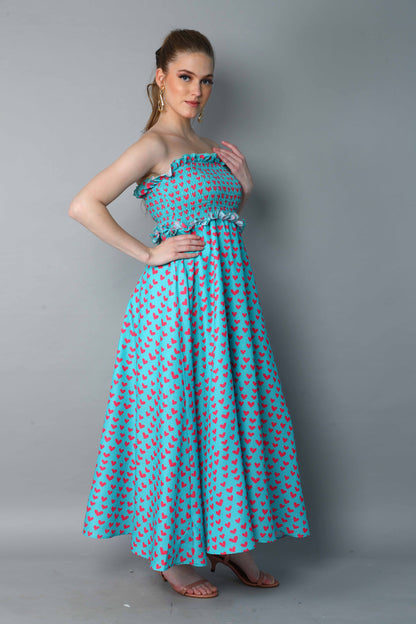 Strapless Smocked Maxi Dress – Aqua Blue with Heart Print