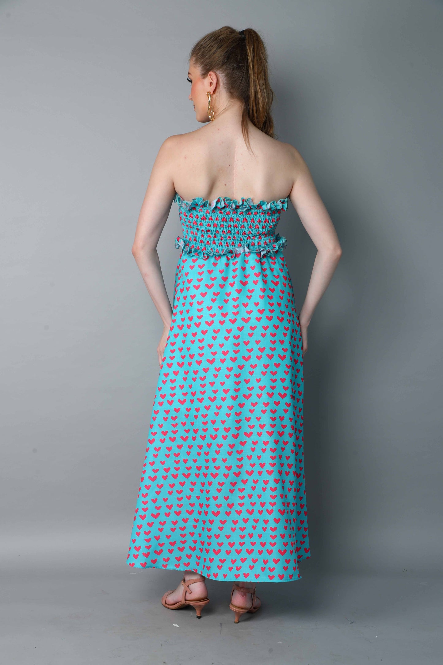Strapless Smocked Maxi Dress – Aqua Blue with Heart Print