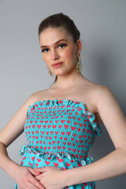 Strapless Smocked Maxi Dress – Aqua Blue with Heart Print
