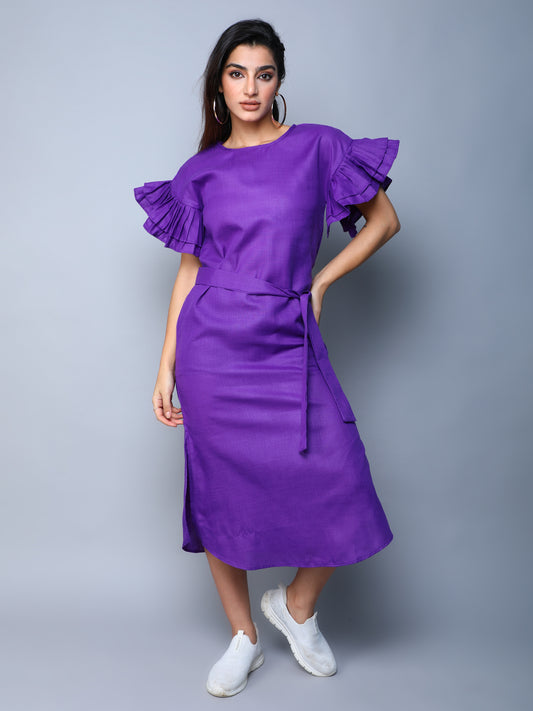 Double-Layered Pleated Ruffle Sleeve Dress -Purple