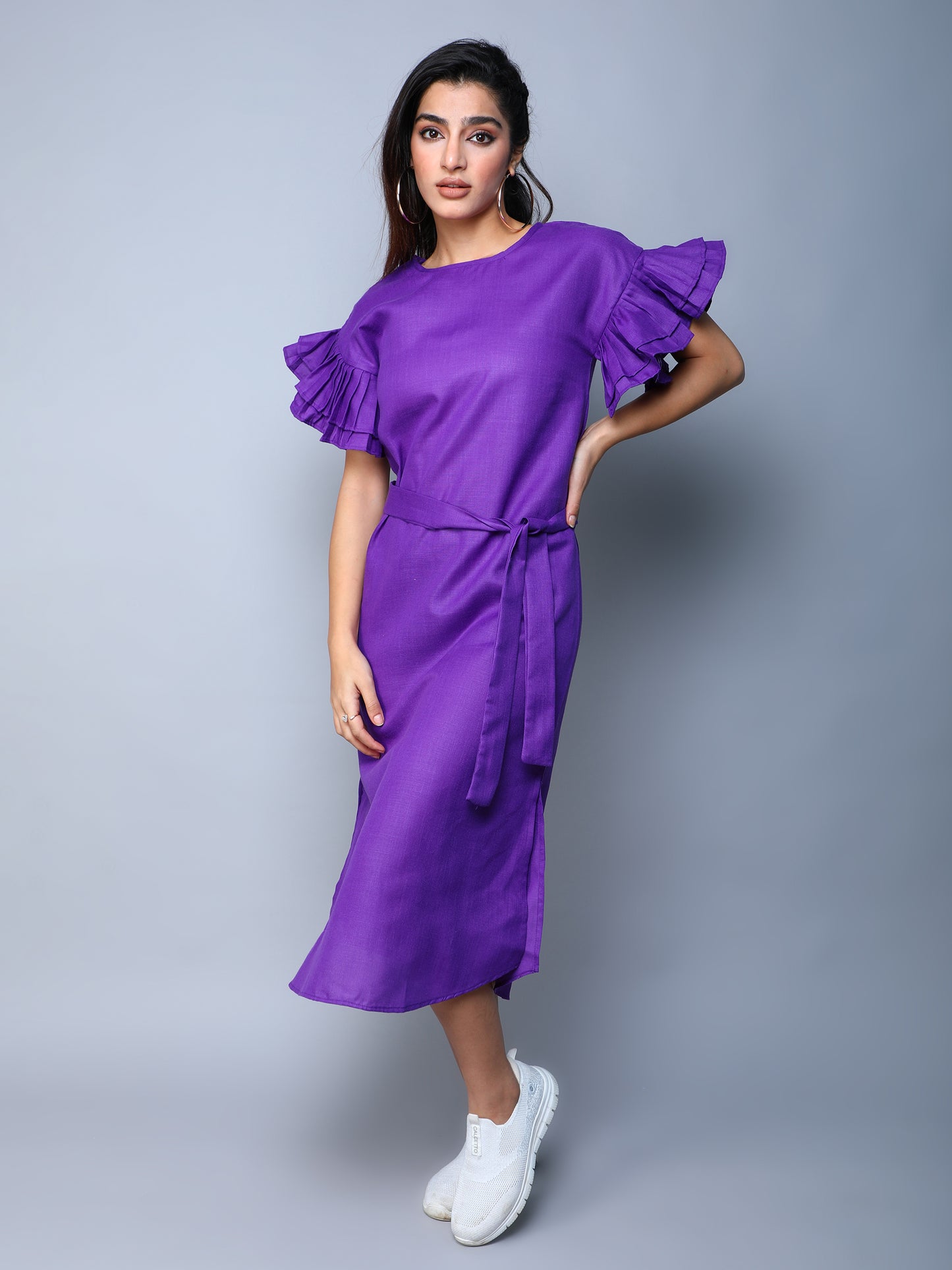 Double-Layered Pleated Ruffle Sleeve Dress -Purple