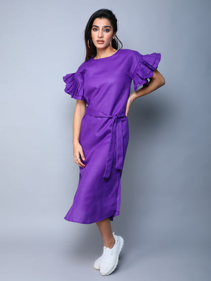Double-Layered Pleated Ruffle Sleeve Dress -Purple