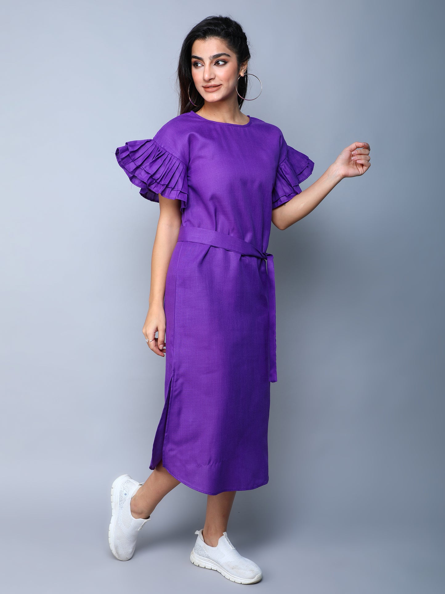 Double-Layered Pleated Ruffle Sleeve Dress -Purple