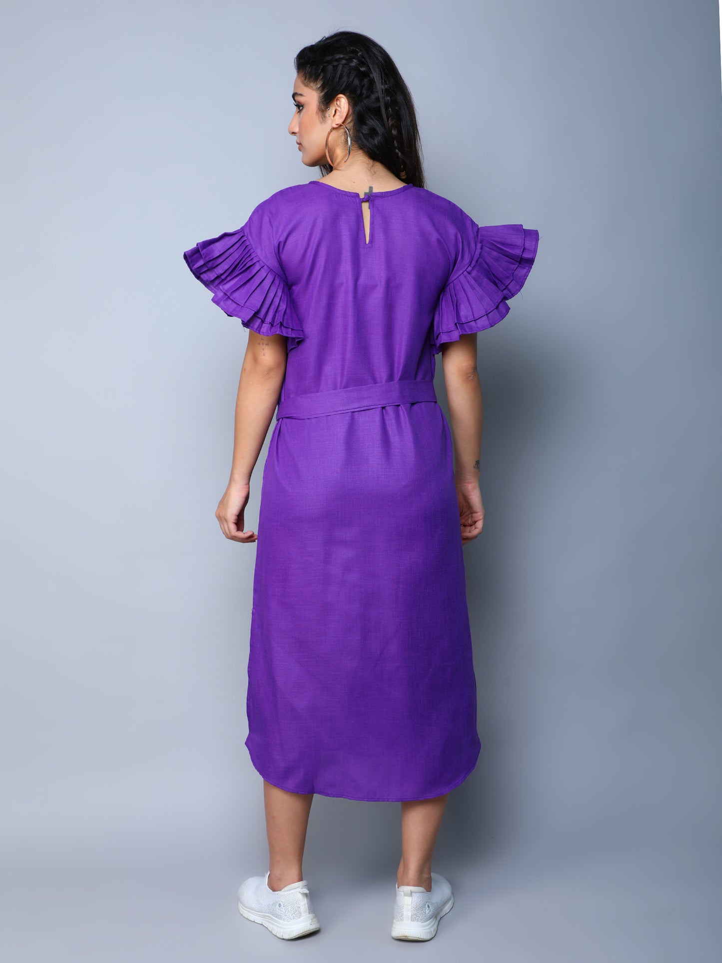 Double-Layered Pleated Ruffle Sleeve Dress -Purple
