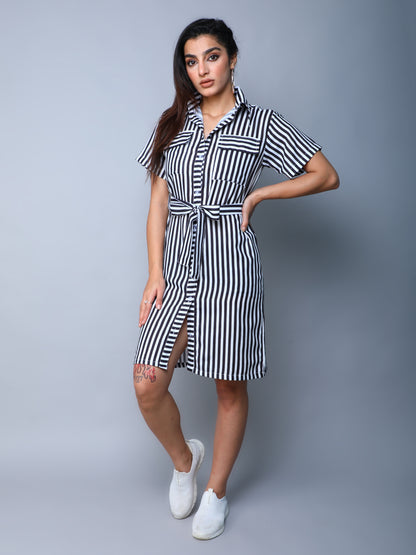 Sway In Stripes Shirt Dress -Black