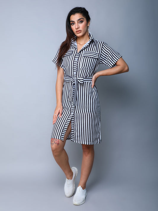 Sway In Stripes Shirt Dress -Black