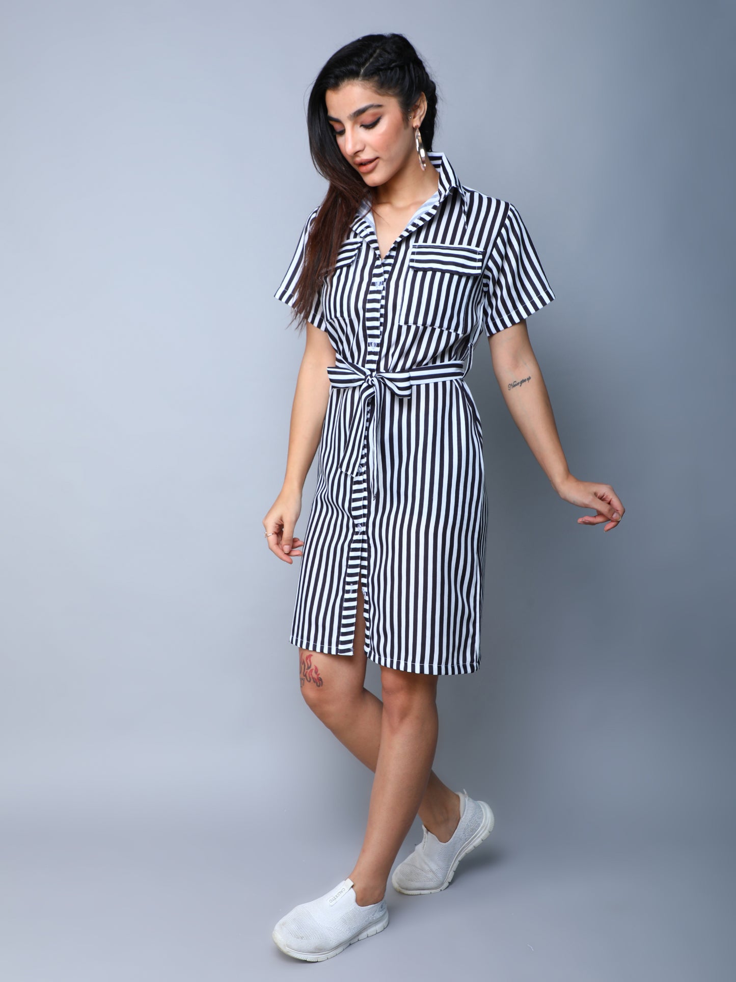 Sway In Stripes Shirt Dress -Black