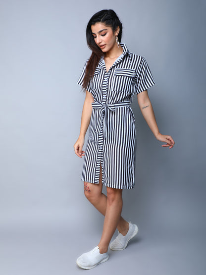 Sway In Stripes Shirt Dress -Black