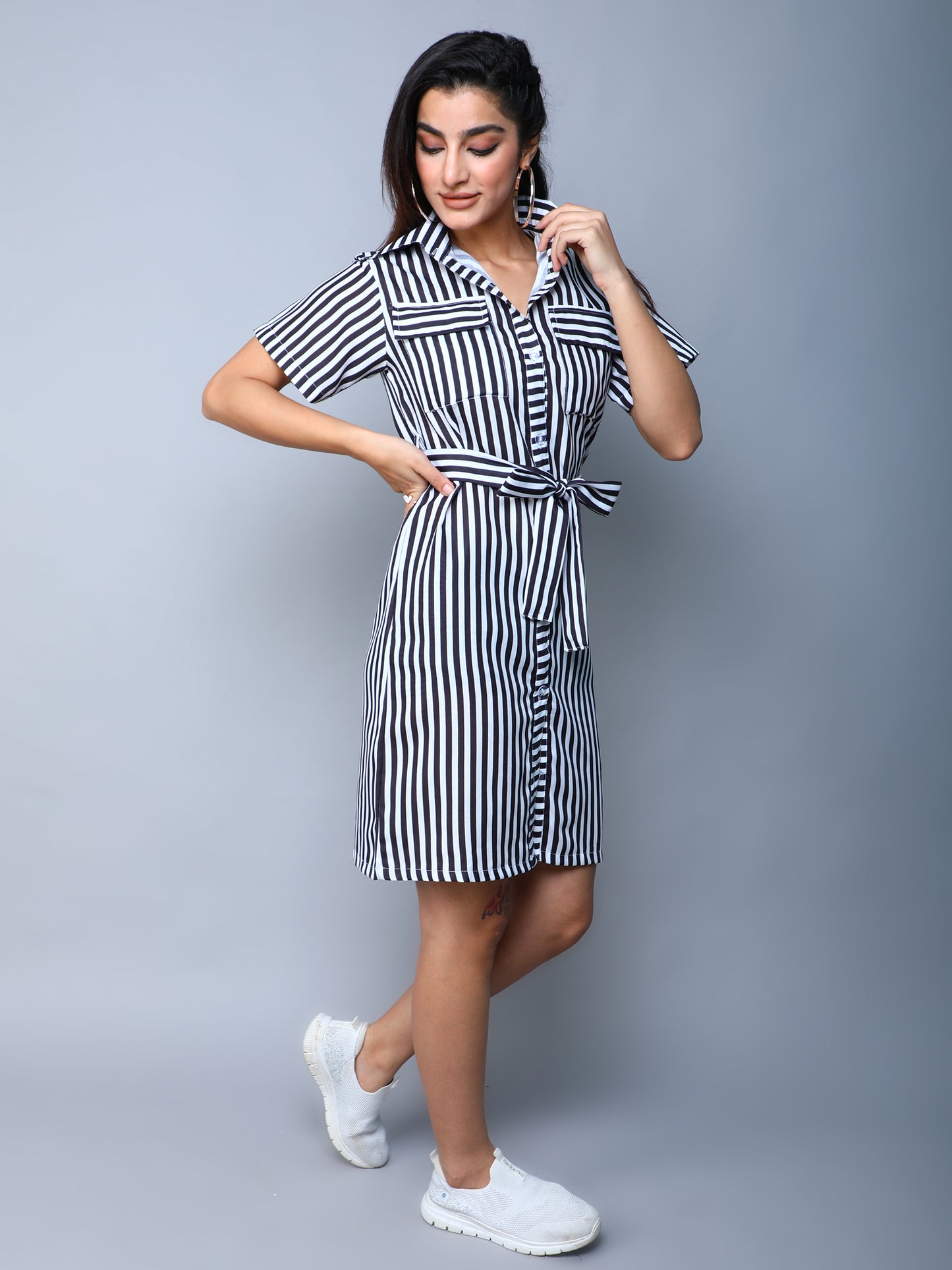 Sway In Stripes Shirt Dress -Black
